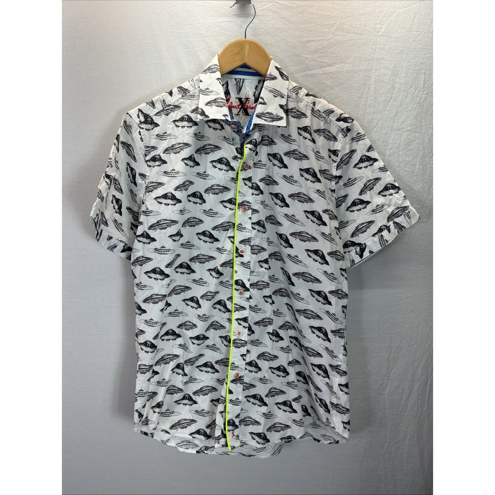 Robert Graham Men's LG Tailored Fit White Space ships UFO Short Sleeve Button-Up